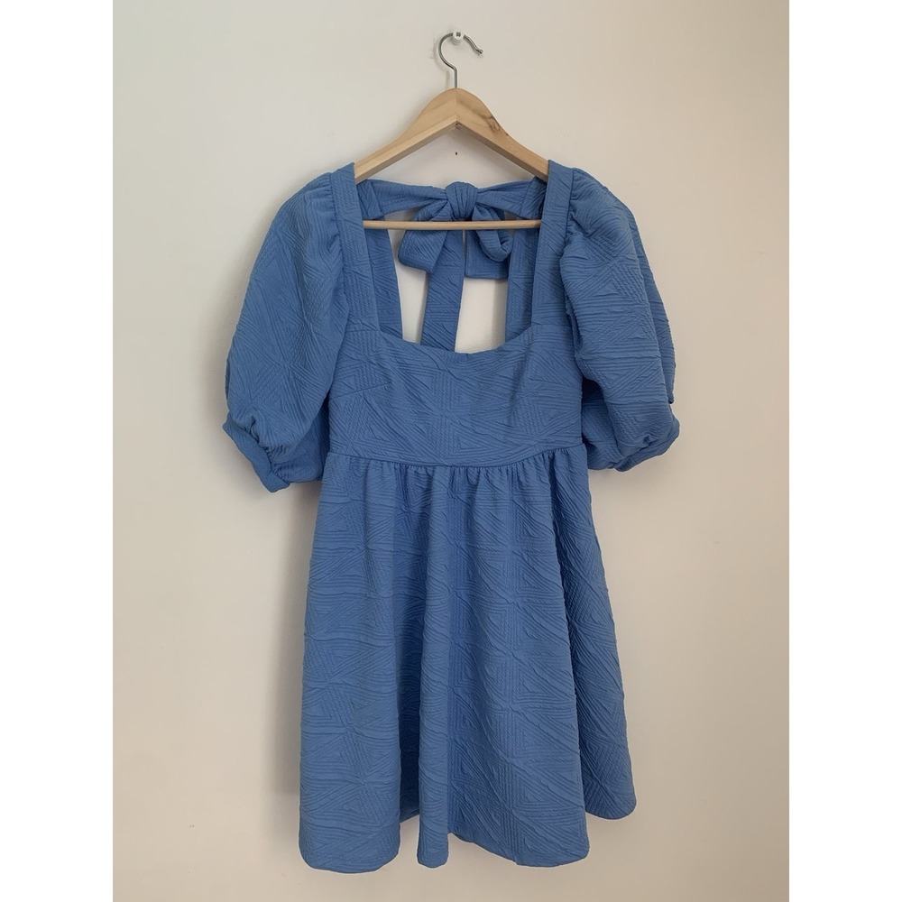 Free People Violet Mini Dress December Sky Blue Puff Sleeve Bow Back Size XS